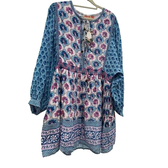 Oliphant Mini Dress Long Balloon Sleeves Tie Front Floral Fern Blue Medium NWT - Picture 1 of 14